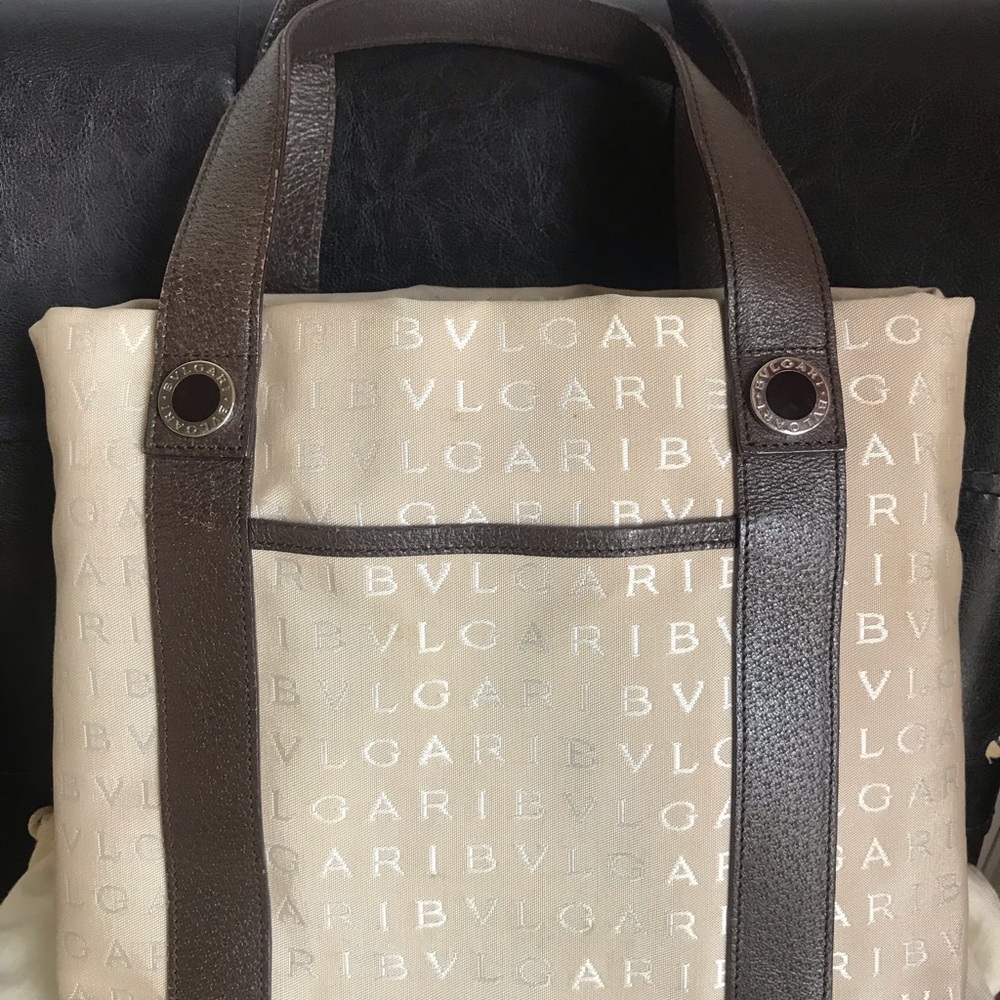 Bulgary Logo Mania Canvas Leather Tote - AUTH